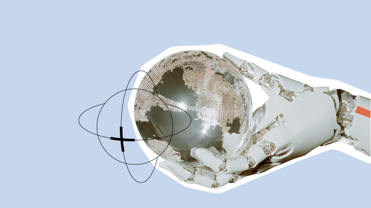 agentic ai next 365 days header Robotic hand holding a globe