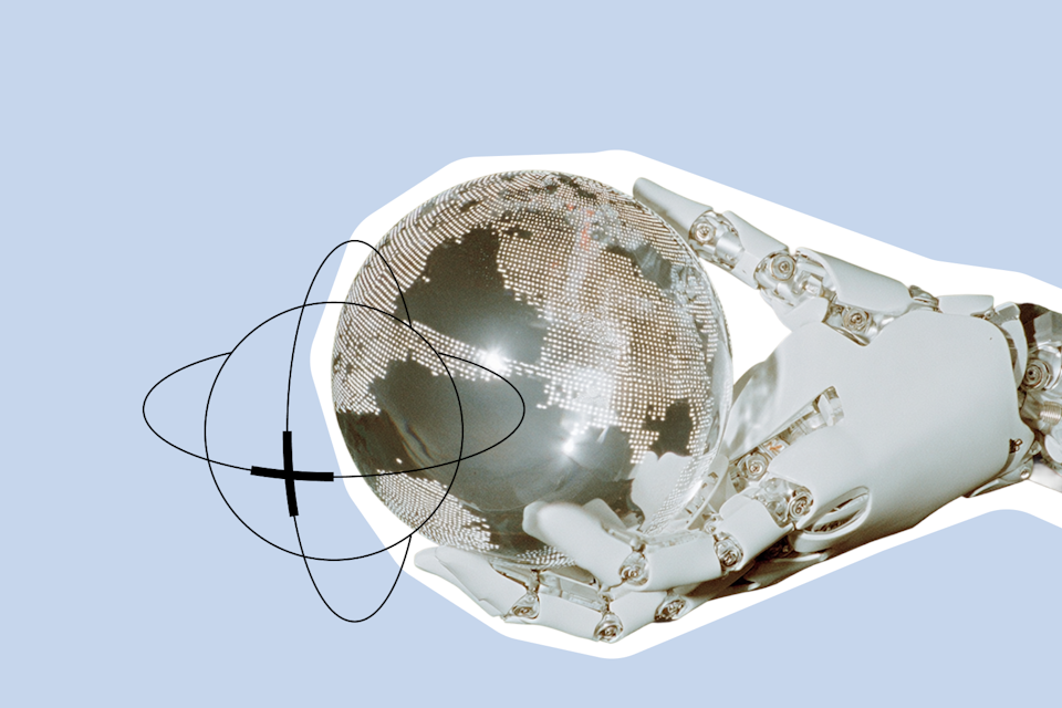 agentic ai next 365 days header Robotic hand holding a globe
