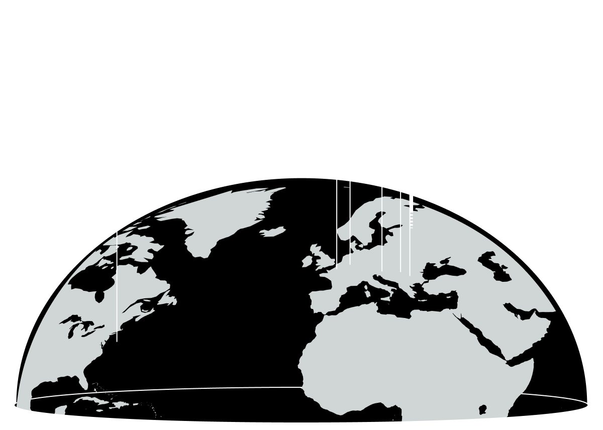 Globe showing our offices: New York City, London, Amsterdam, Vienna, Budapest and Szeged