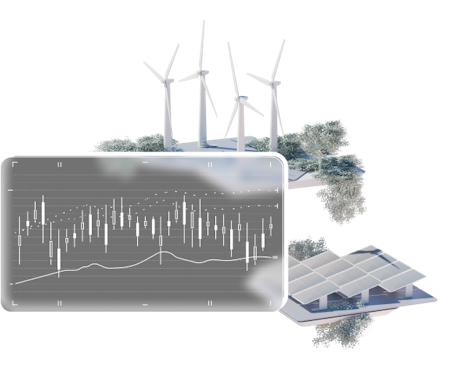 Energy trading and market access platform showing real-time market data analytics connected to wind and solar power assets