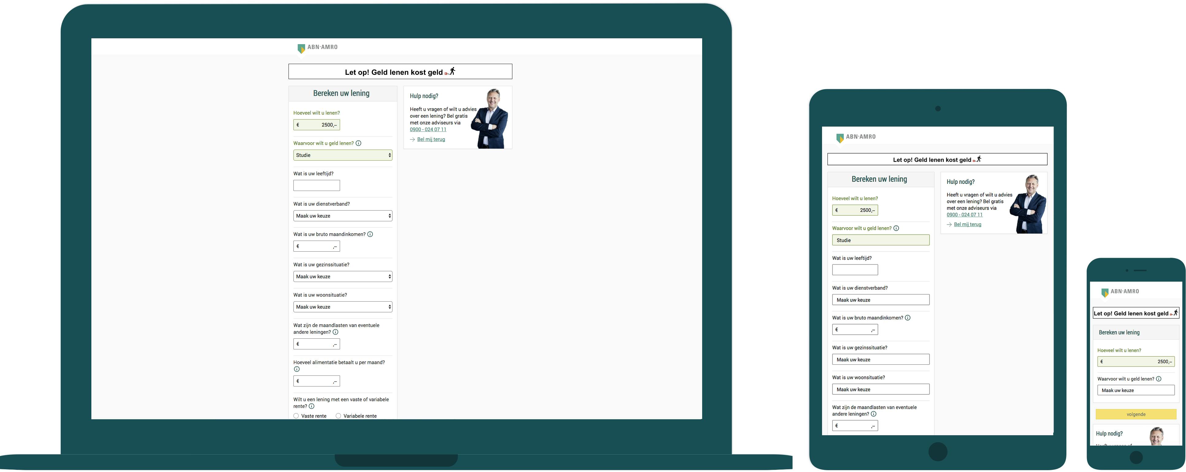 Screens of the The ABN-AMRO loan wizard