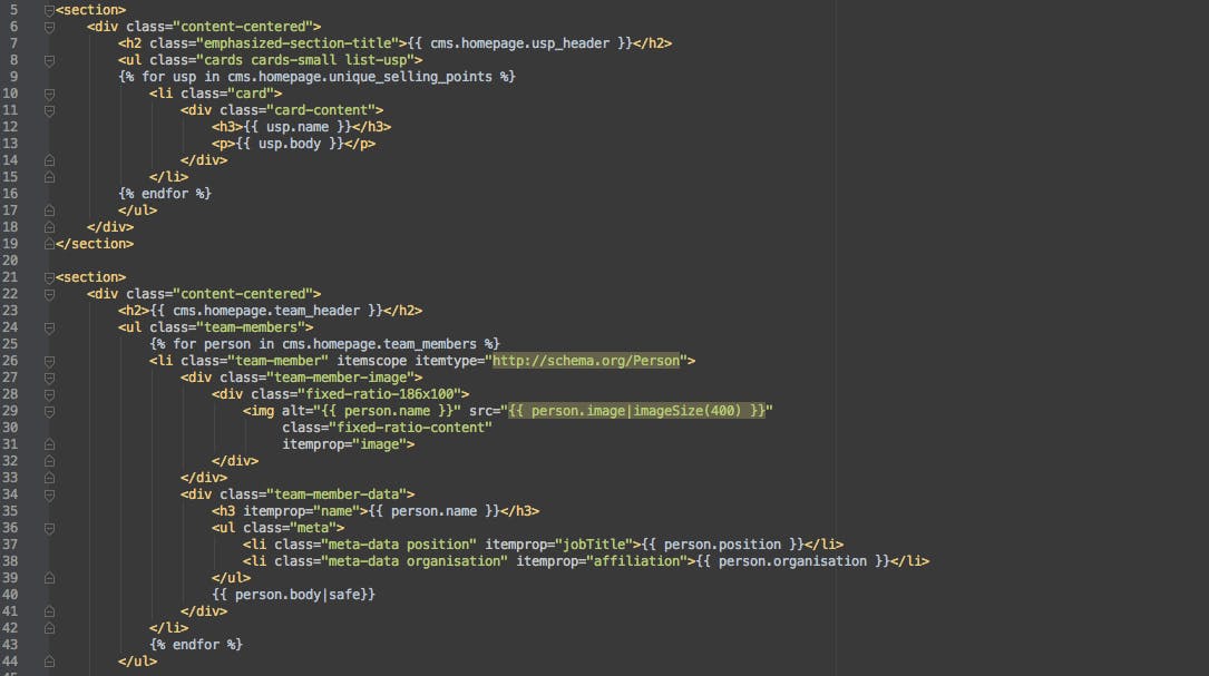 A Section of the homepage HTML with the use of Swig and the Webhook variables
