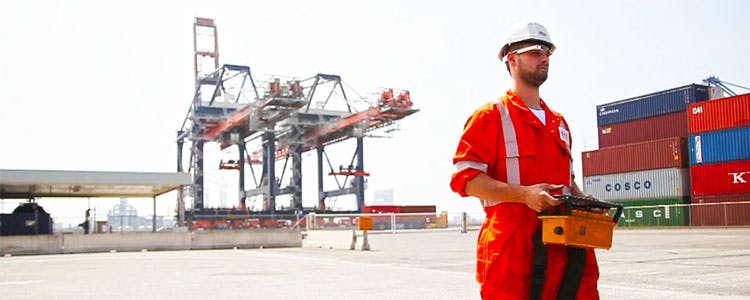 Man wearing Google Glass in the port of Rotterdam