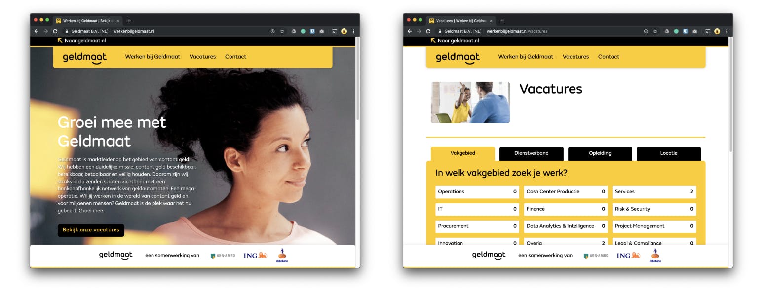 Twee screenshots van website schermen van geldmaat een homepagina en vacature overzichtpagina