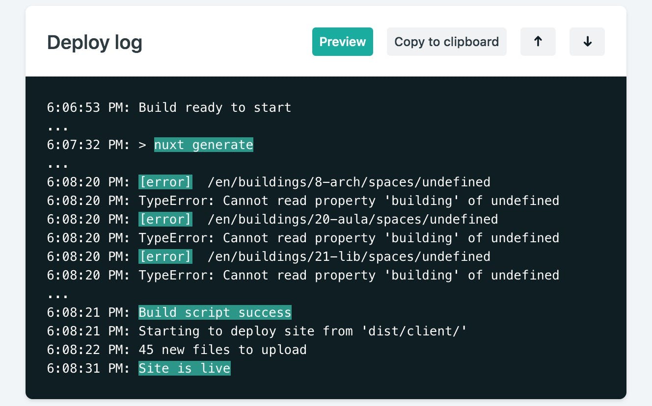 log showing Nuxt build errors