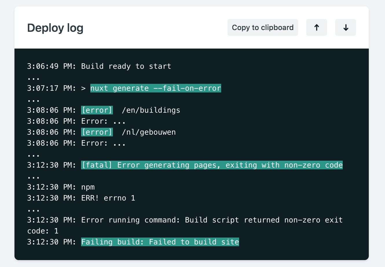 log showing Nuxt build errors
