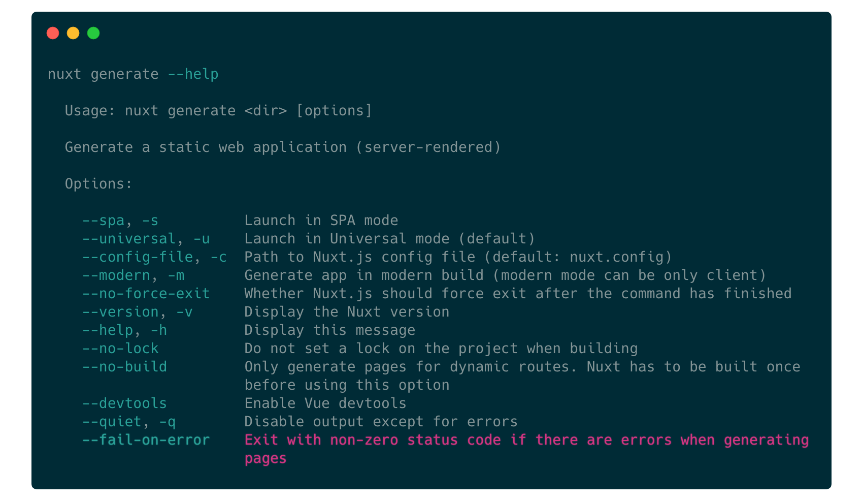 output of nuxt generate help command
