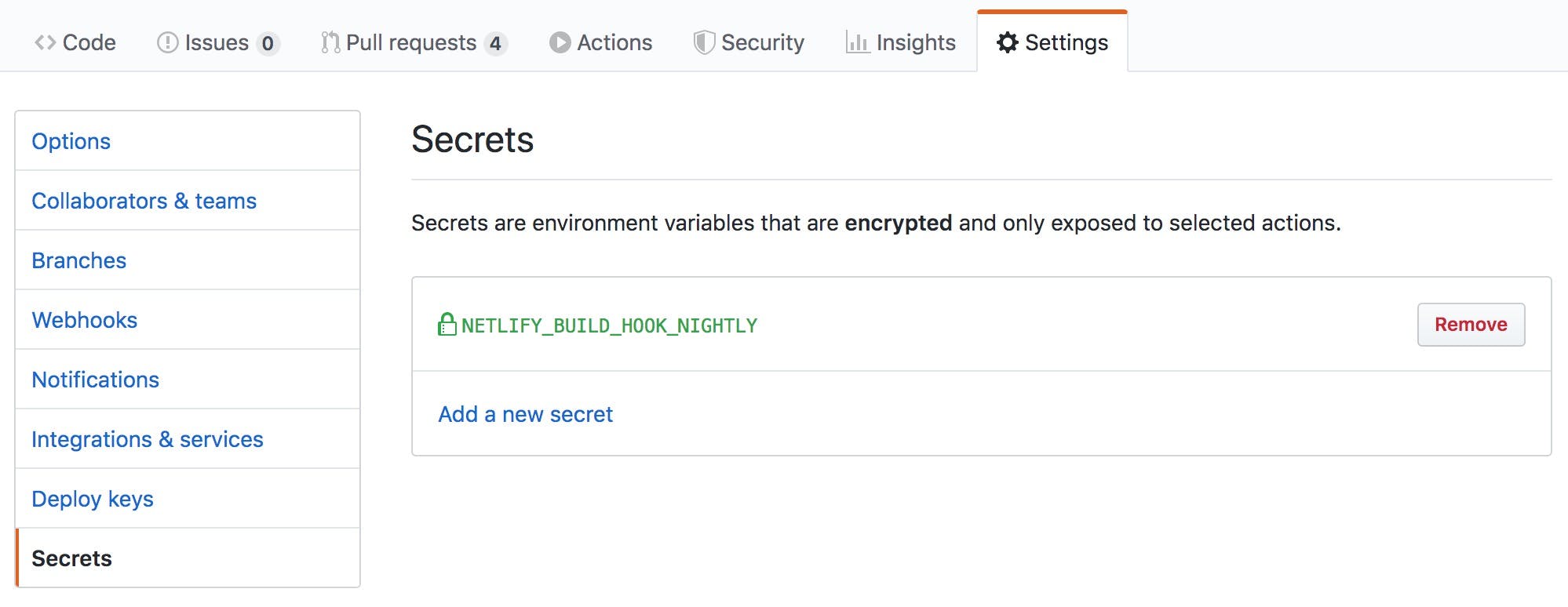 List secrets in GitHub settings