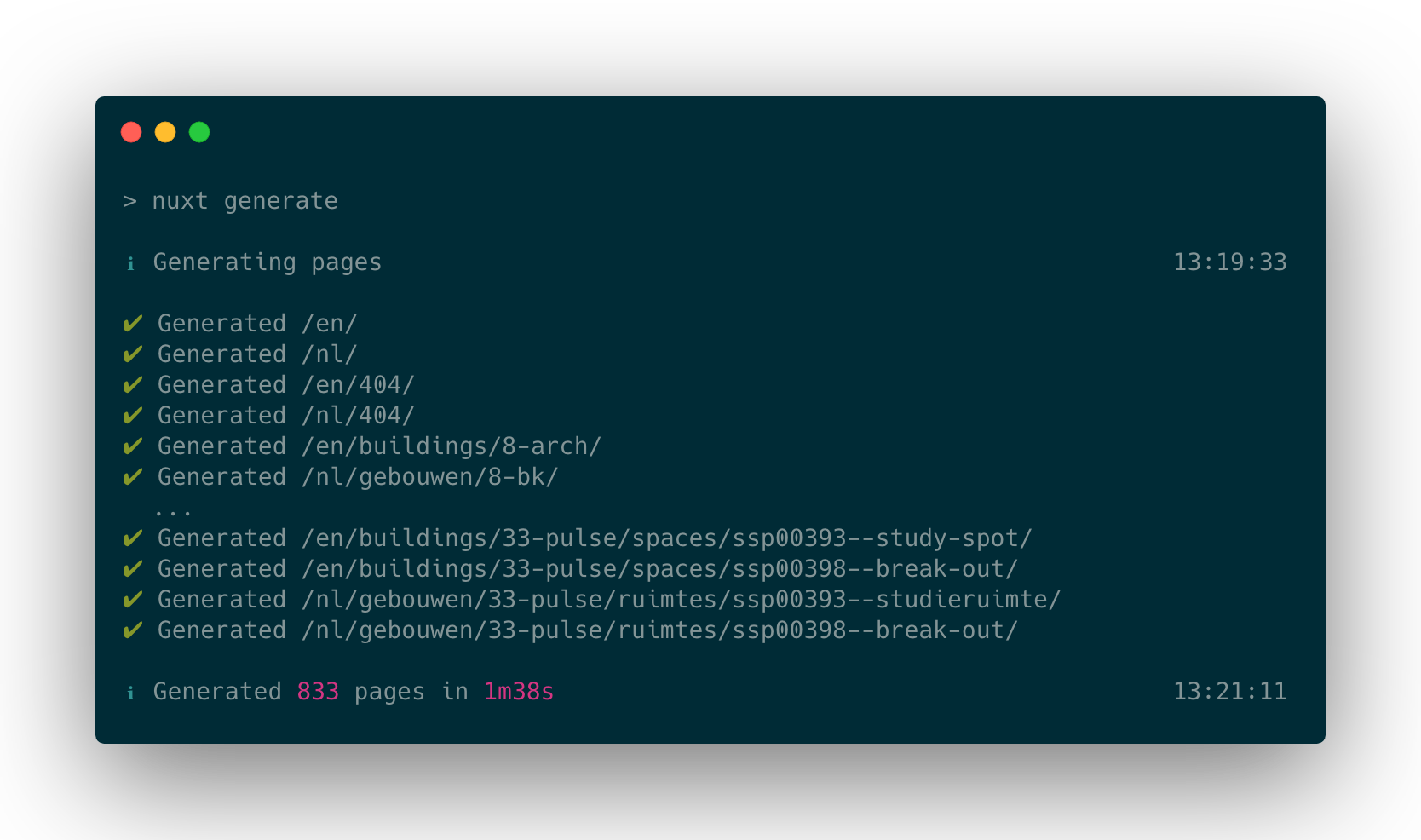Nuxt generate log: generated 833 pages in 1m38s