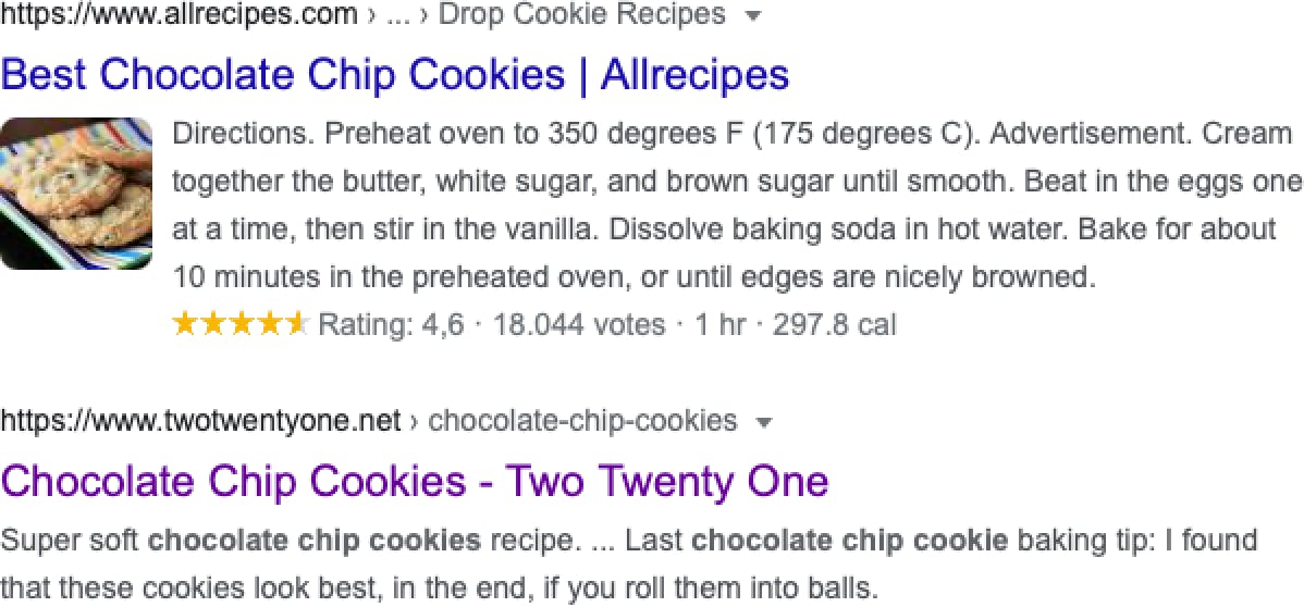 Difference between a rich search result for a recipe (top) and a normal search result (bottom)
