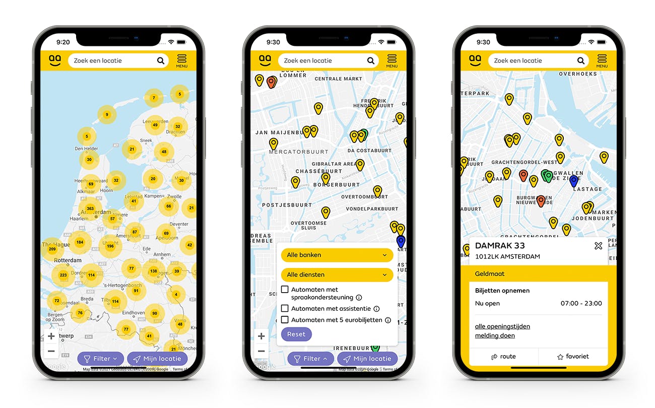 2 mobile screens with location points of ATMs