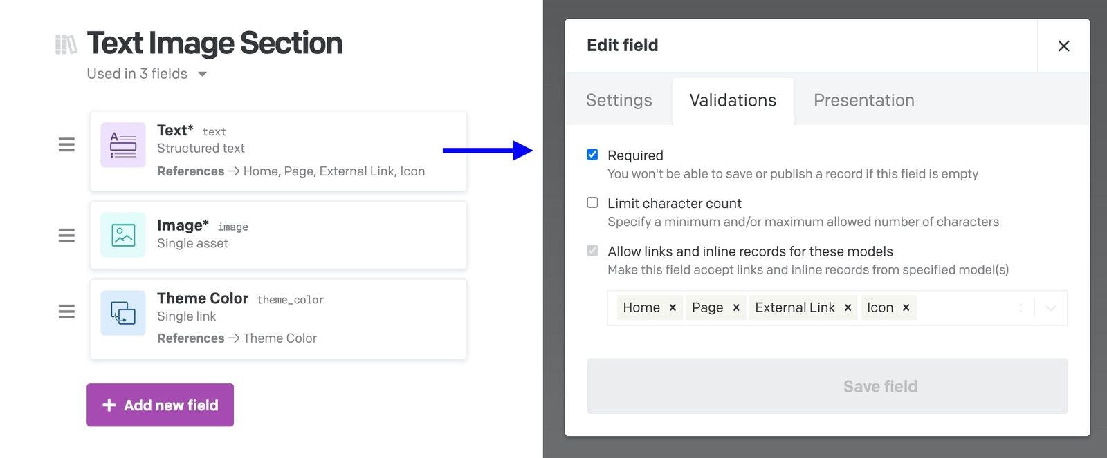 Screenshots of settings in Dato CMS