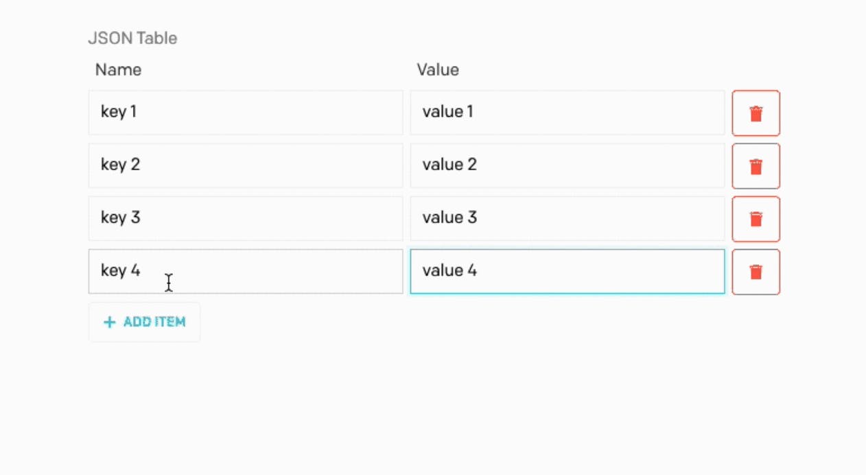 JSON table showing name and value options