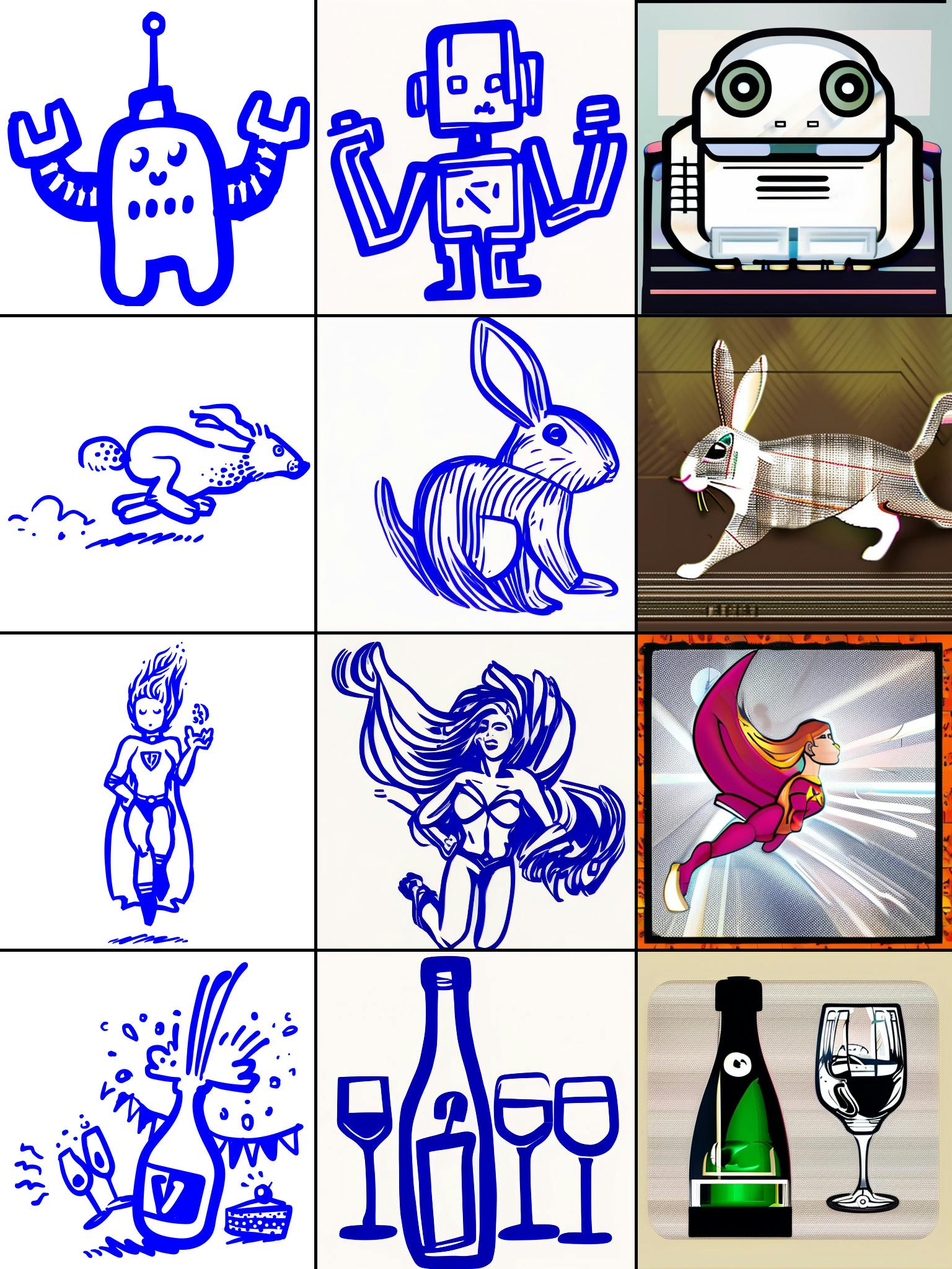 Illustrations of a robot, rabbit, superwomen and champagne bottle with glasses