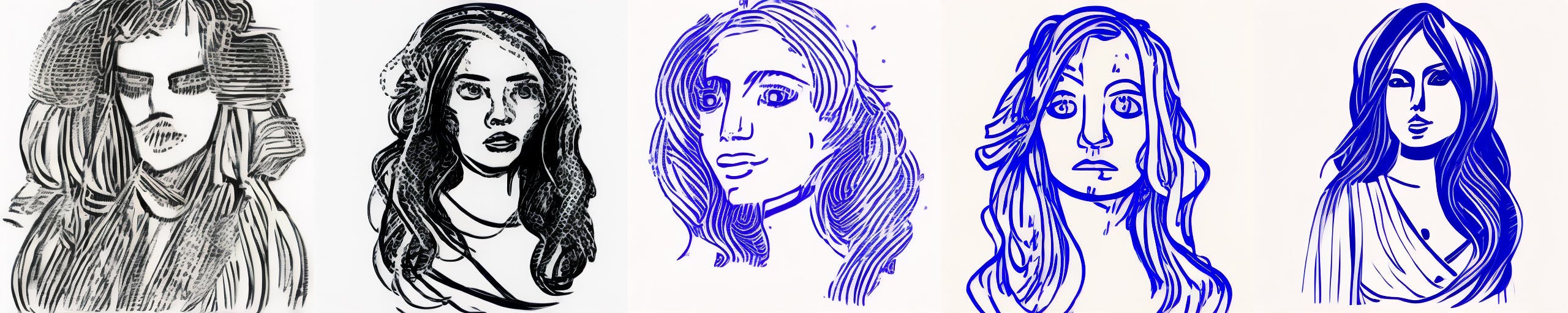 process of a blue lined illustration of a portrait of a woman