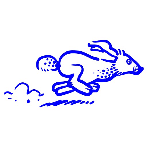 blue lined illustration of a rabbit running