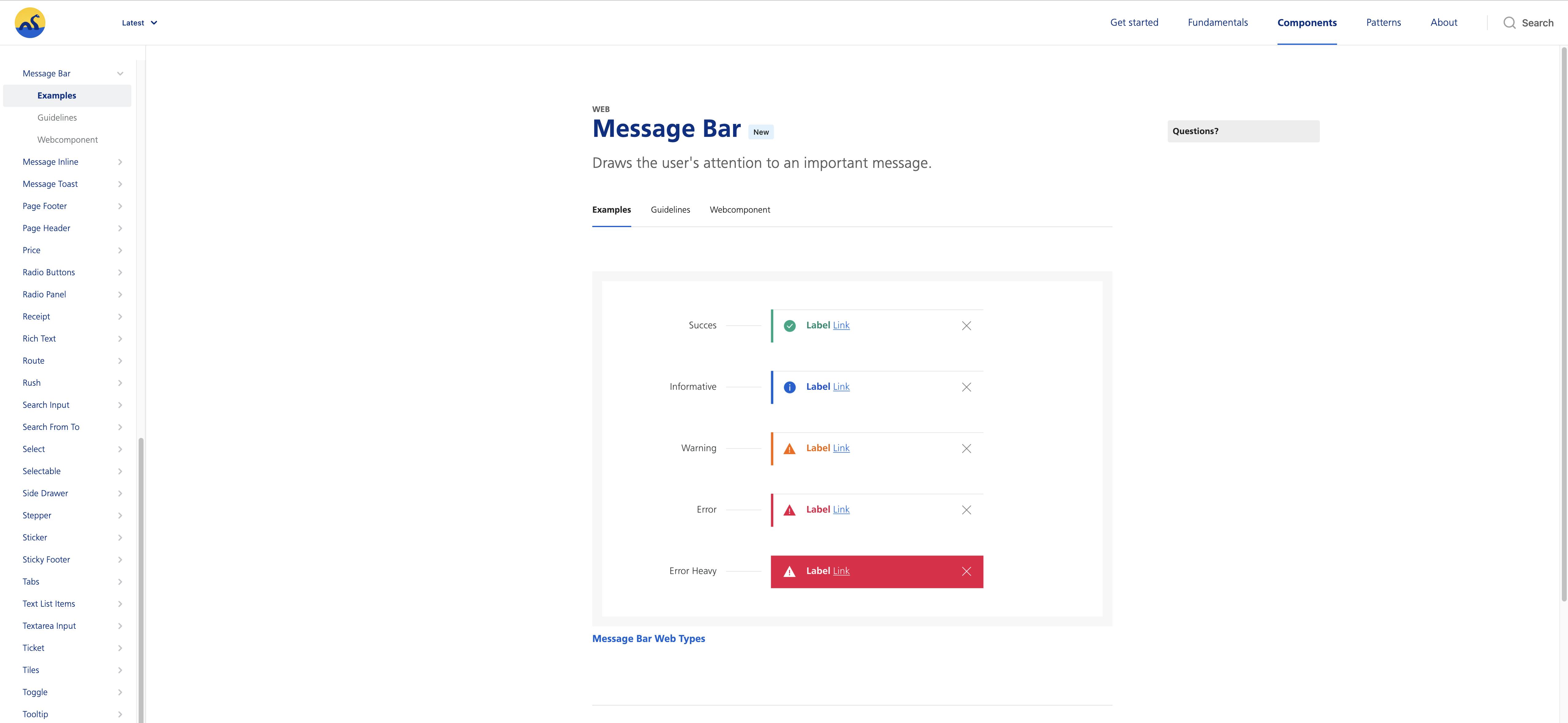 Het component ‘Message Bar’ in de componenten library van Nessie, het design system van NS.
