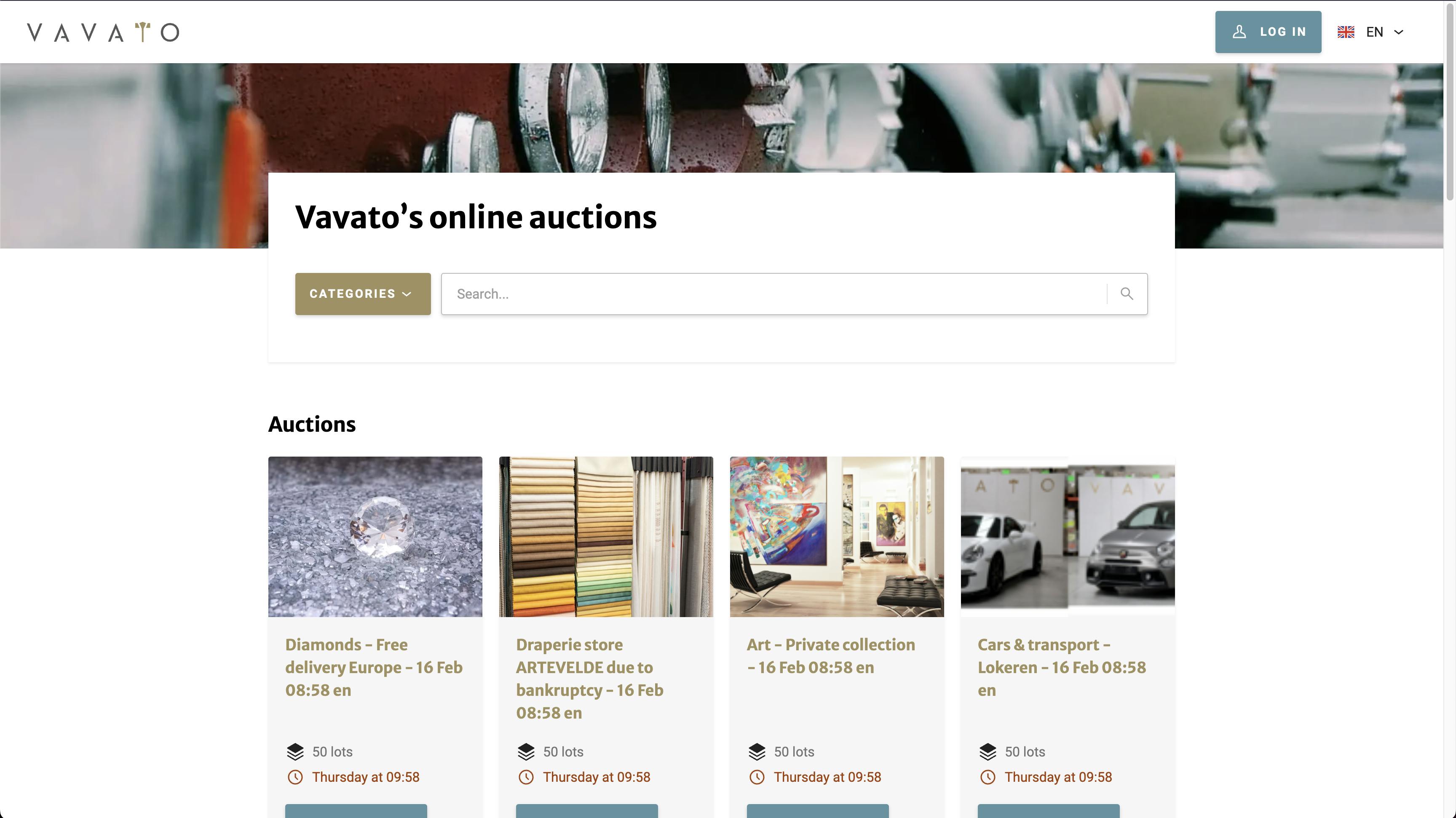 Componenten ‘SearchBar’ en ‘LotCard’ op de website in het thema Vavato.