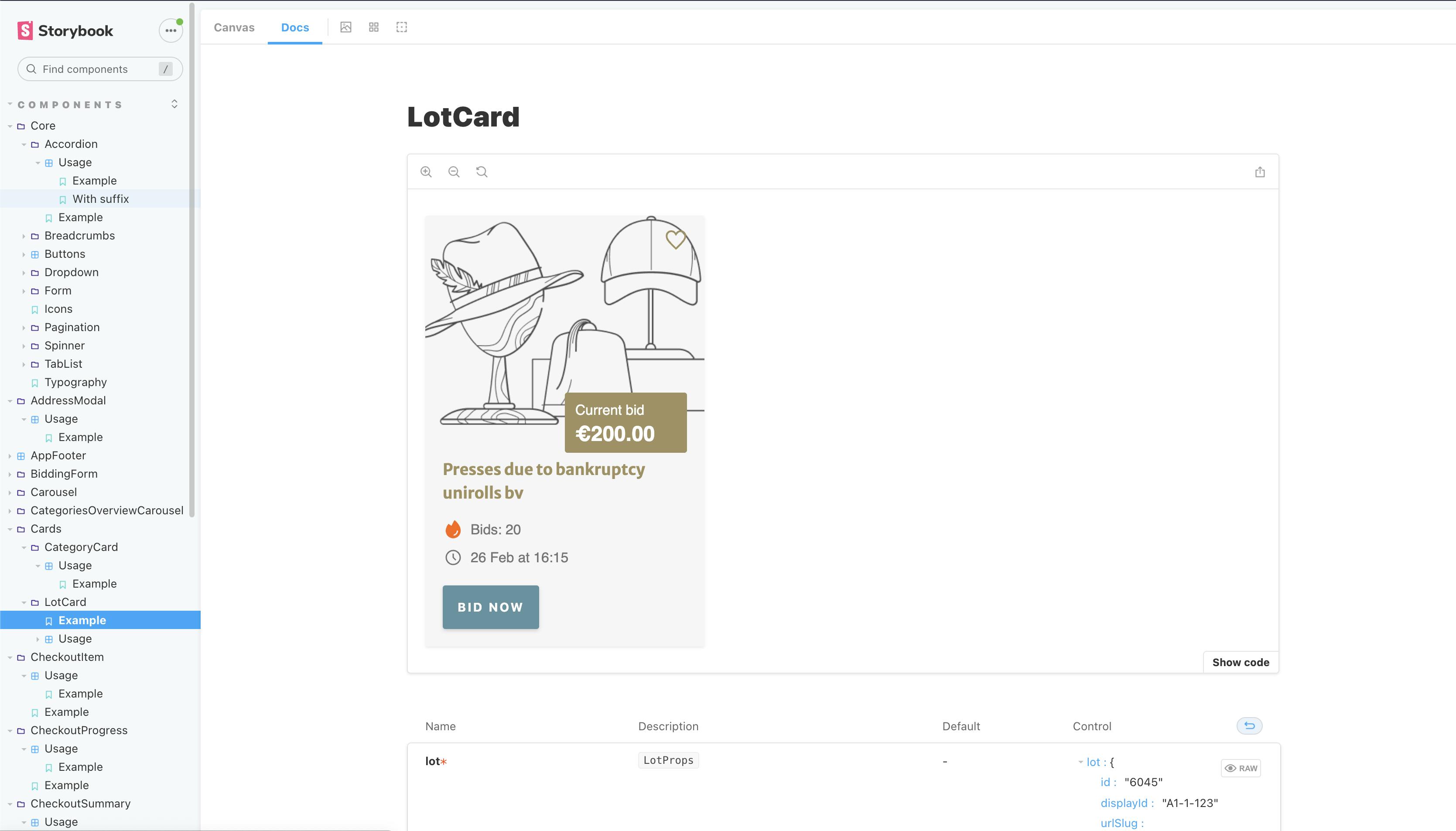 Het component ‘LotCard’ in de library van TB Auctions in het thema van Vavato.
