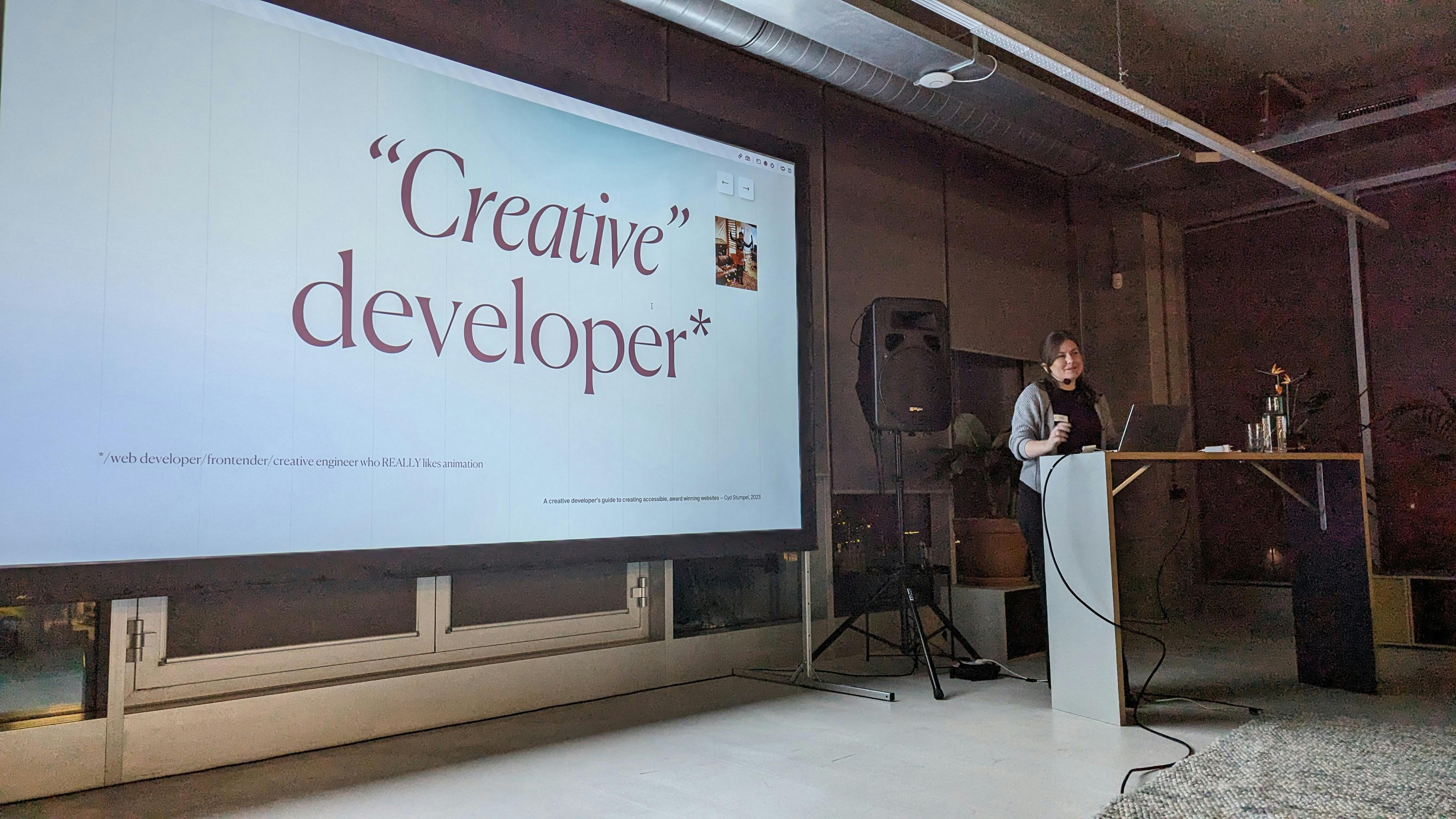 Cyd presenting 'A creative developer's guide to creating accessible, award winning websites'