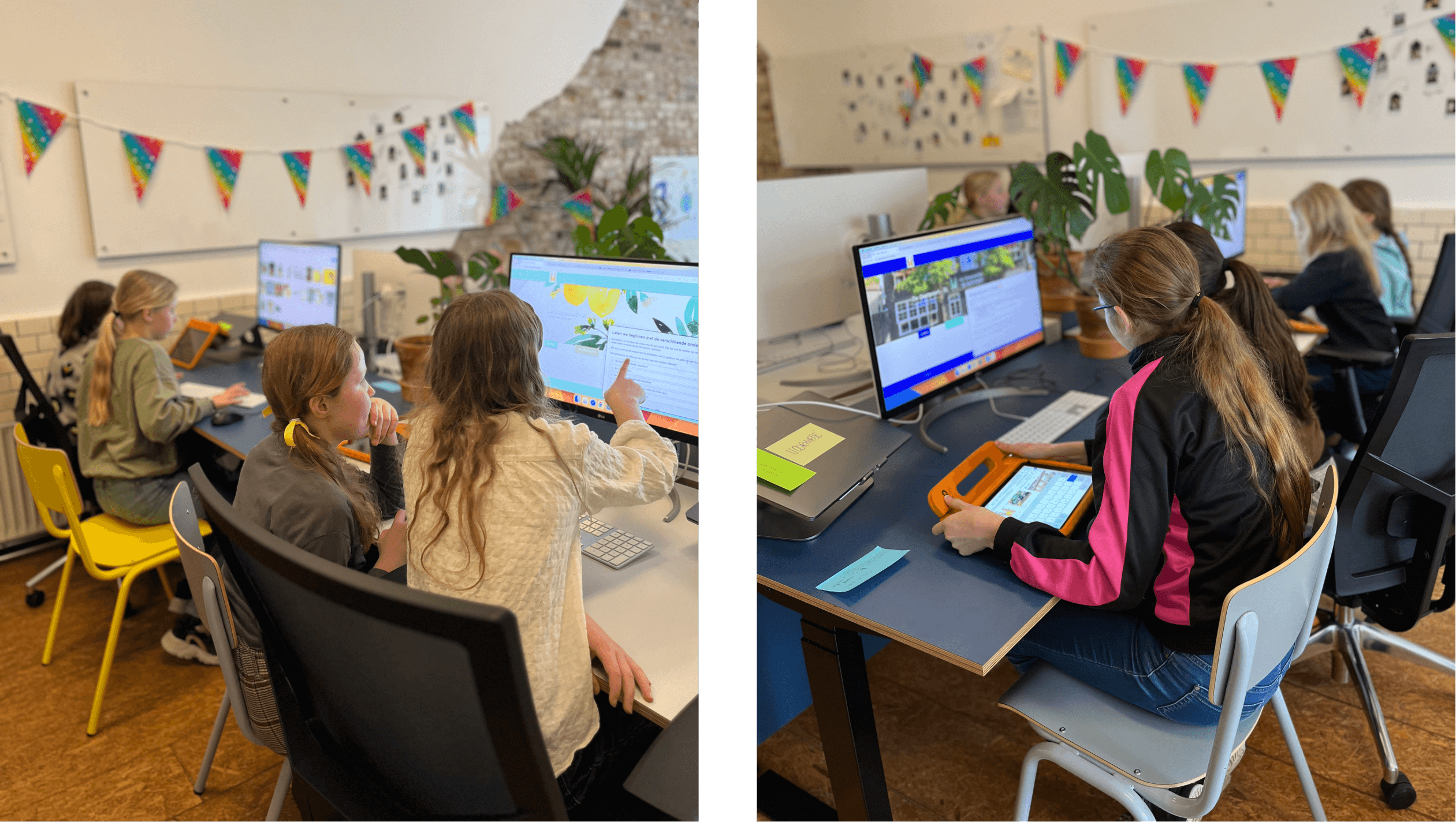 8 young girls sitting in groups of 2 behind a computer