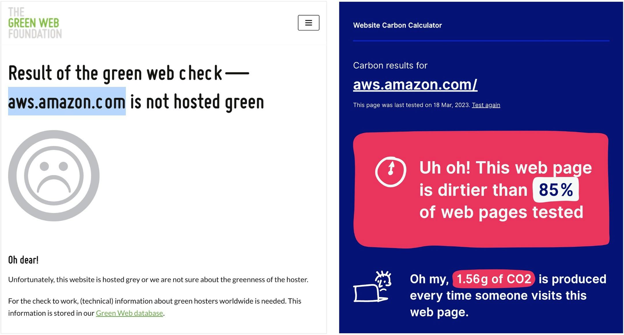 Left: The Green Web Foundation reports aws.amazon.com is not hosted green. Right: Website Carbon Calculator reports aws.azon.com is dirtier than 85% of web pages tested with 1.56g of CO2 for every web page visit.