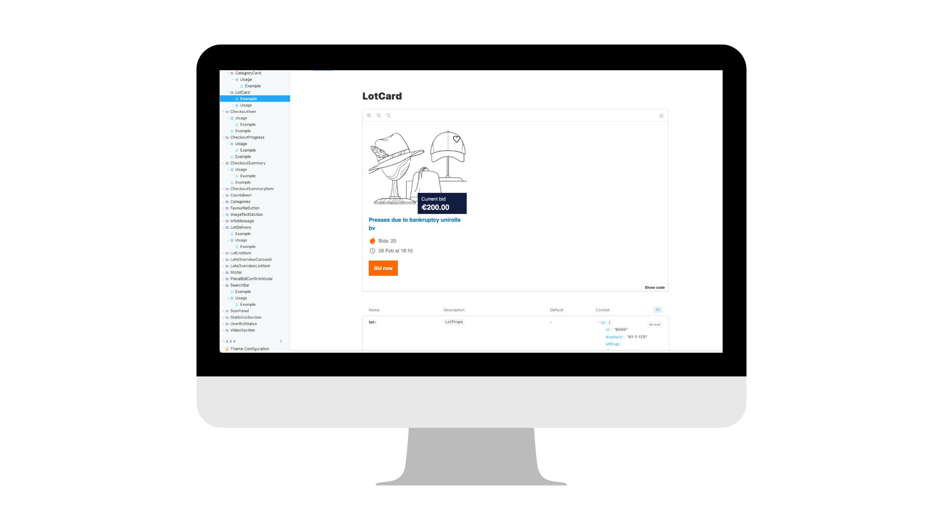 Het component ‘LotCard’ in de library van TB Auctions in het thema van Vavato.