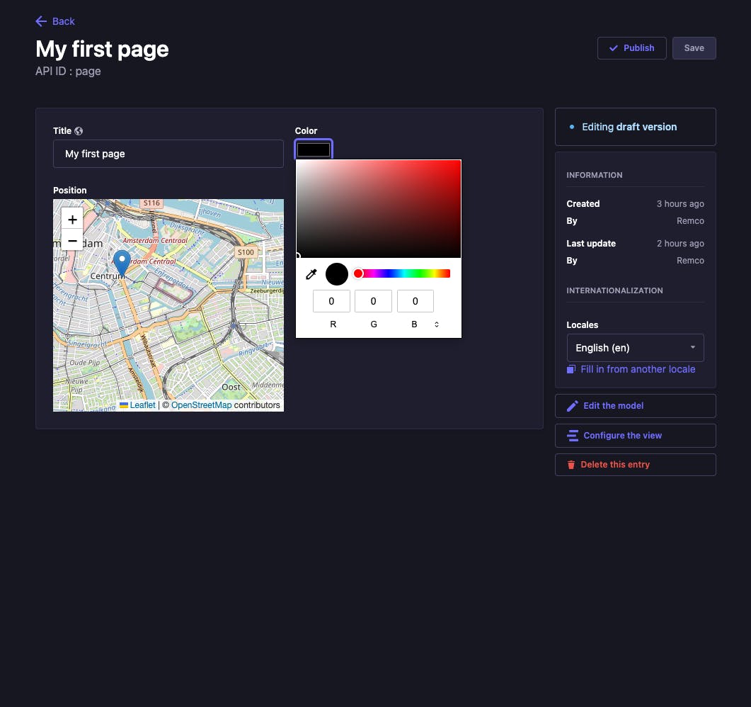 A screenshot of strapi cms with a map and color picker