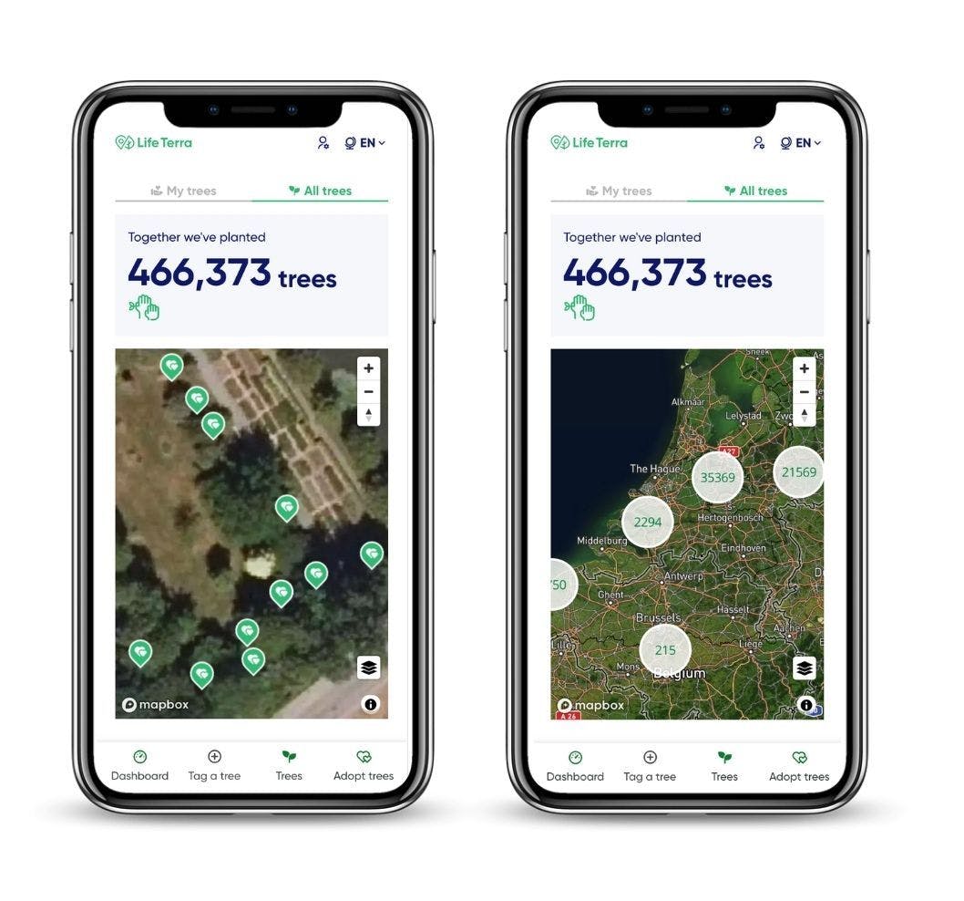 Mobiele schermen met een overzicht van bomen in een cluster en in detail