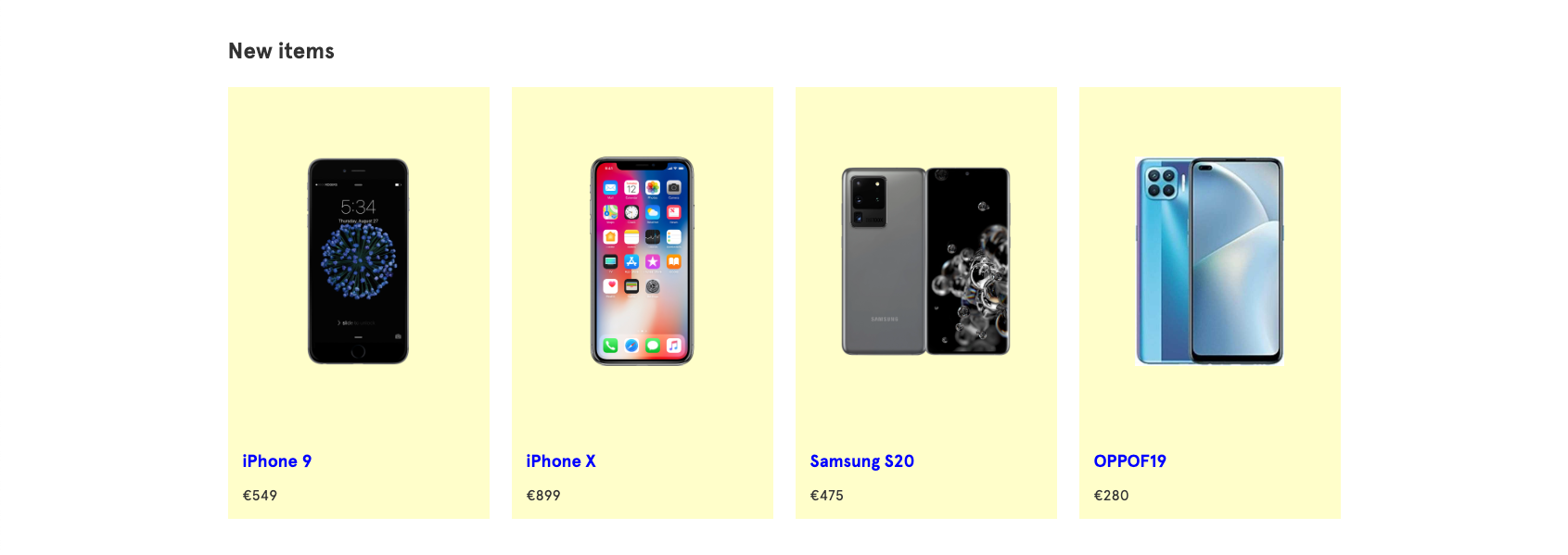 4 different phones placed in 4 yellow backgrounds, with the name of the phone written in blue