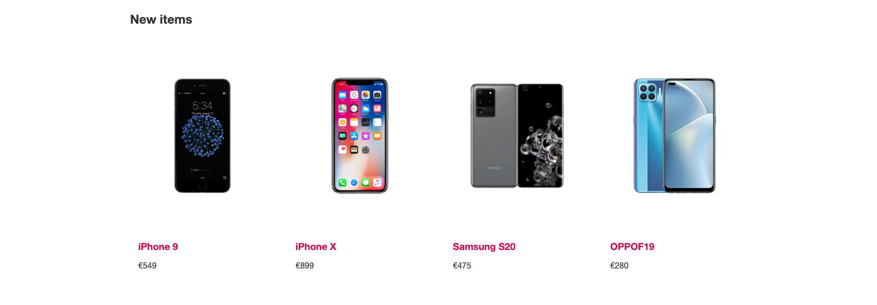 4 different phones placed on a white background, with the name of the phone written in pink