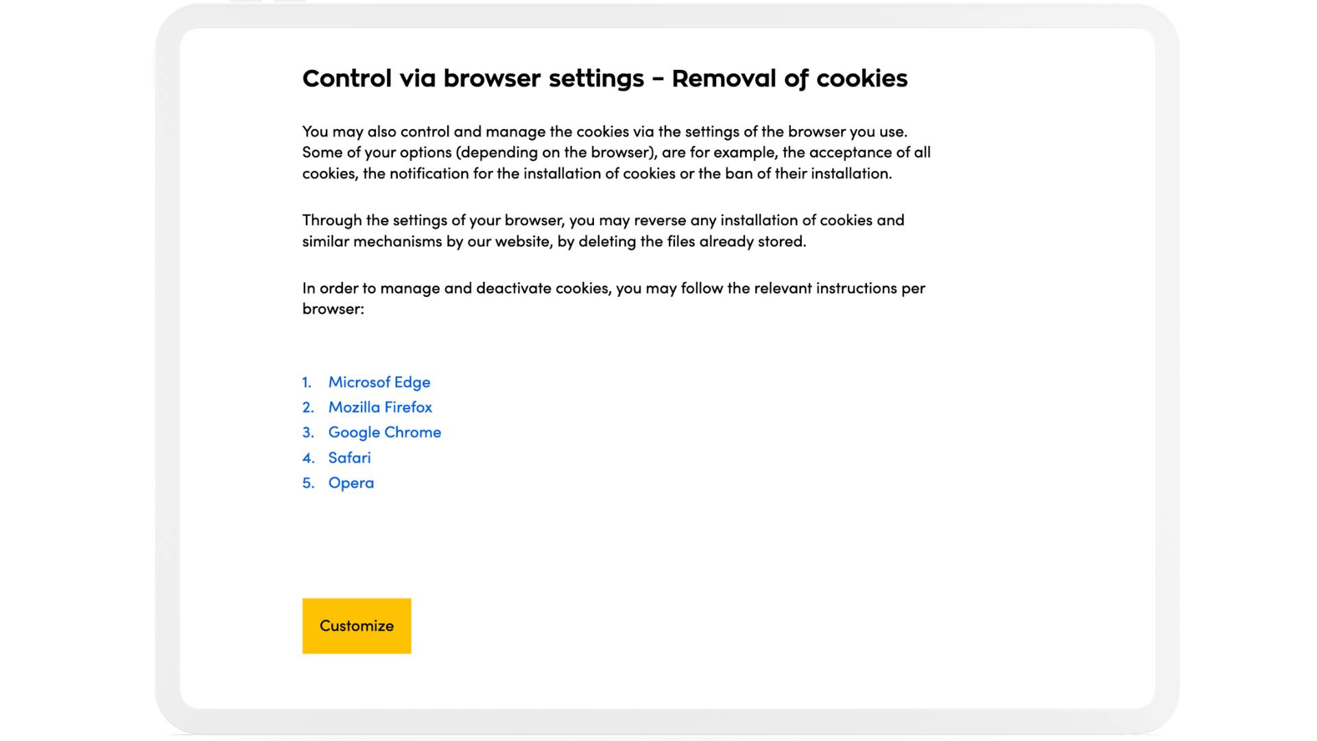 Control via browser settings - removal of cookies