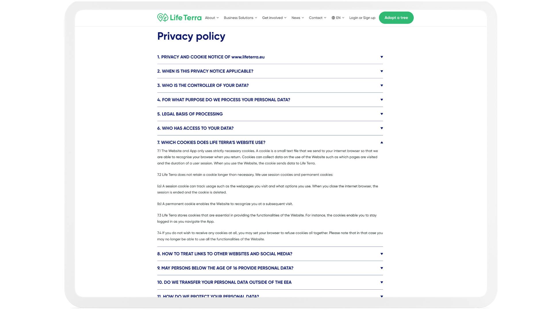 Website page of the privacy policy