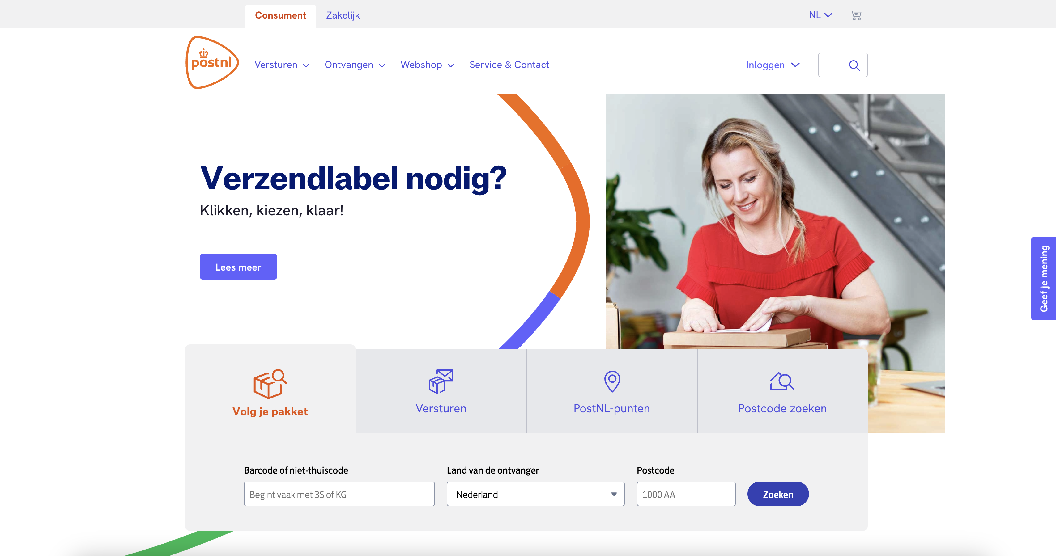 homepagina van postnl.nl met de nieuwe branding