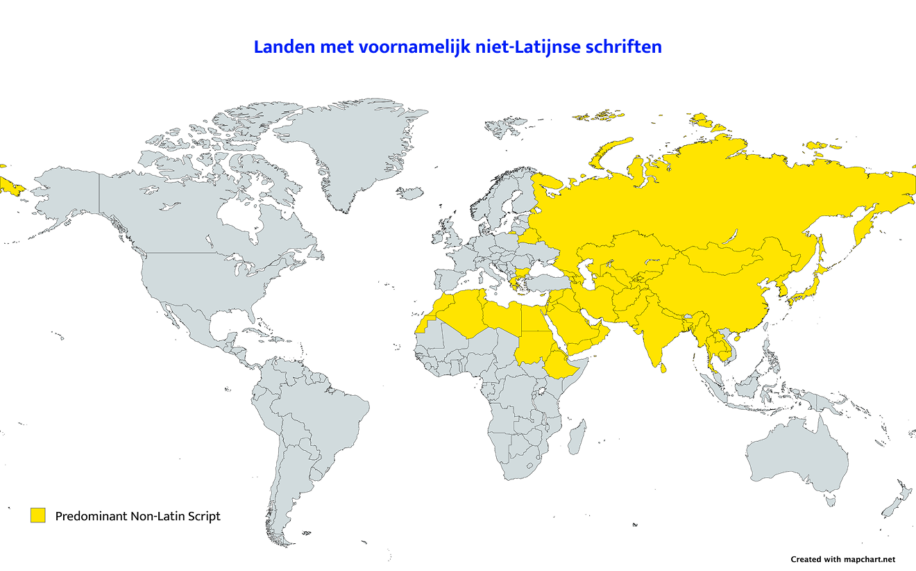 World map that shows which countries use predominant non-Latin scripts