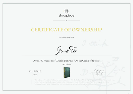 Origin of Species certificate of ownership