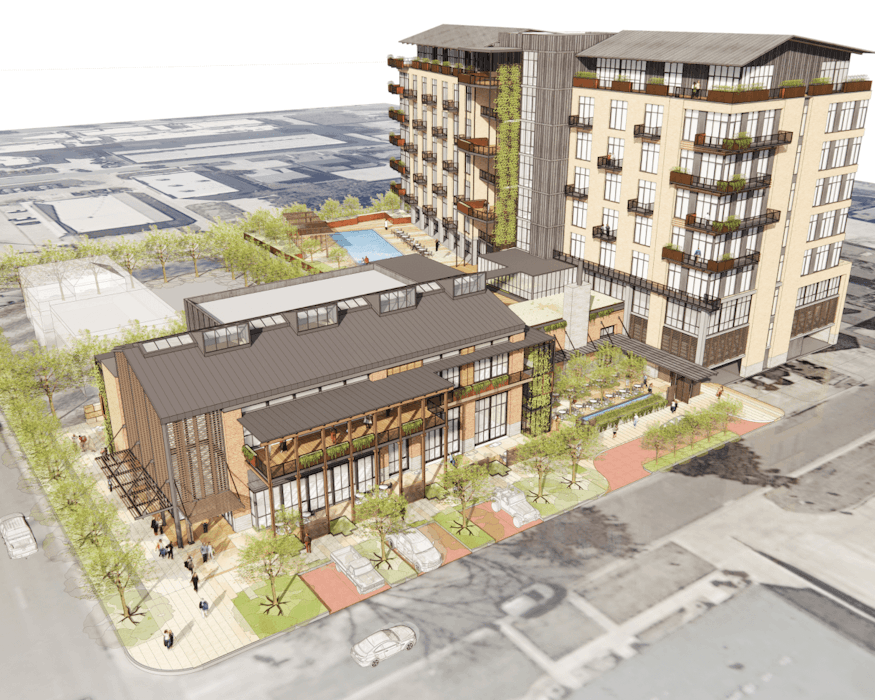 College Station rendering of a condominium building and the surrounding area. 
