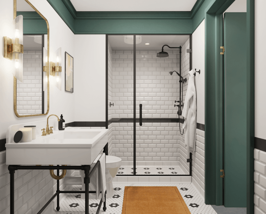 Bathroom interior with white tiles, black accents, and green painted trim.