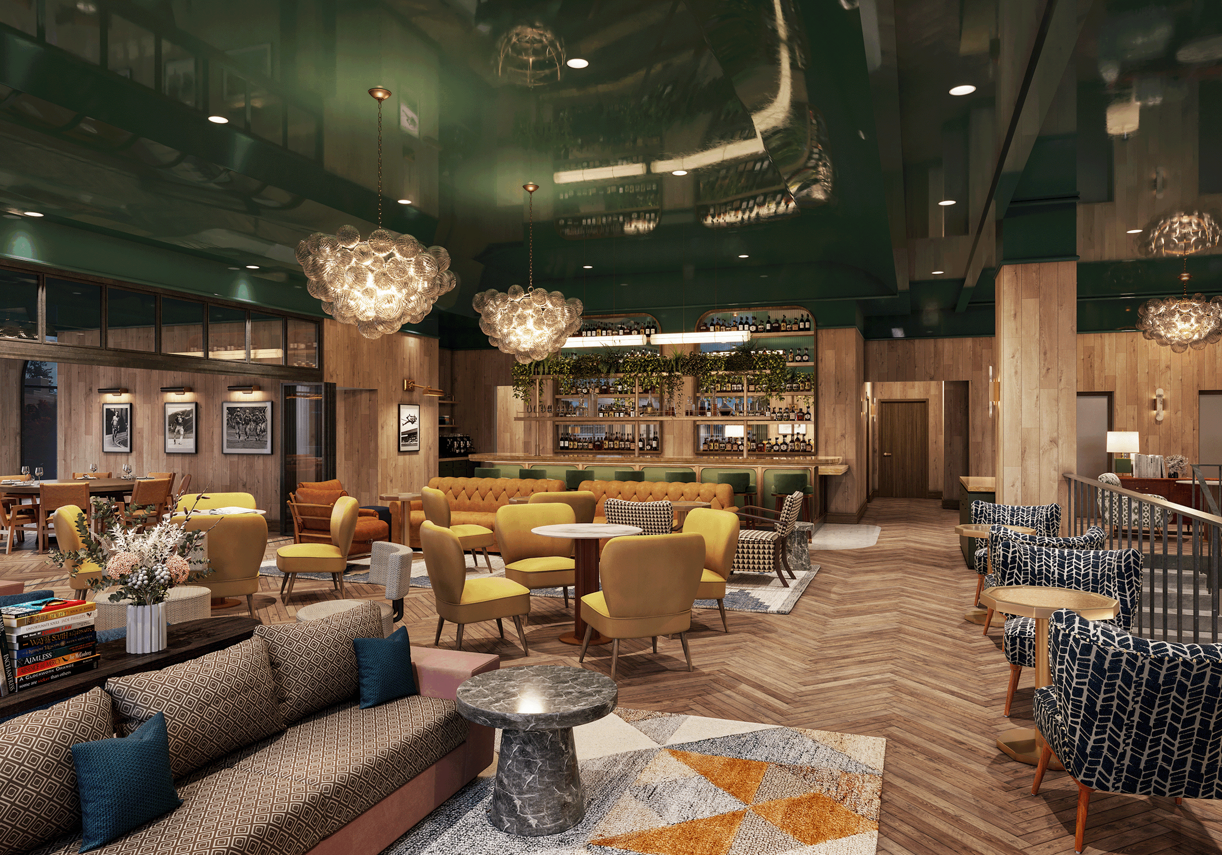 Rendering of an interior of the Alum Club lounge in Eugene. 