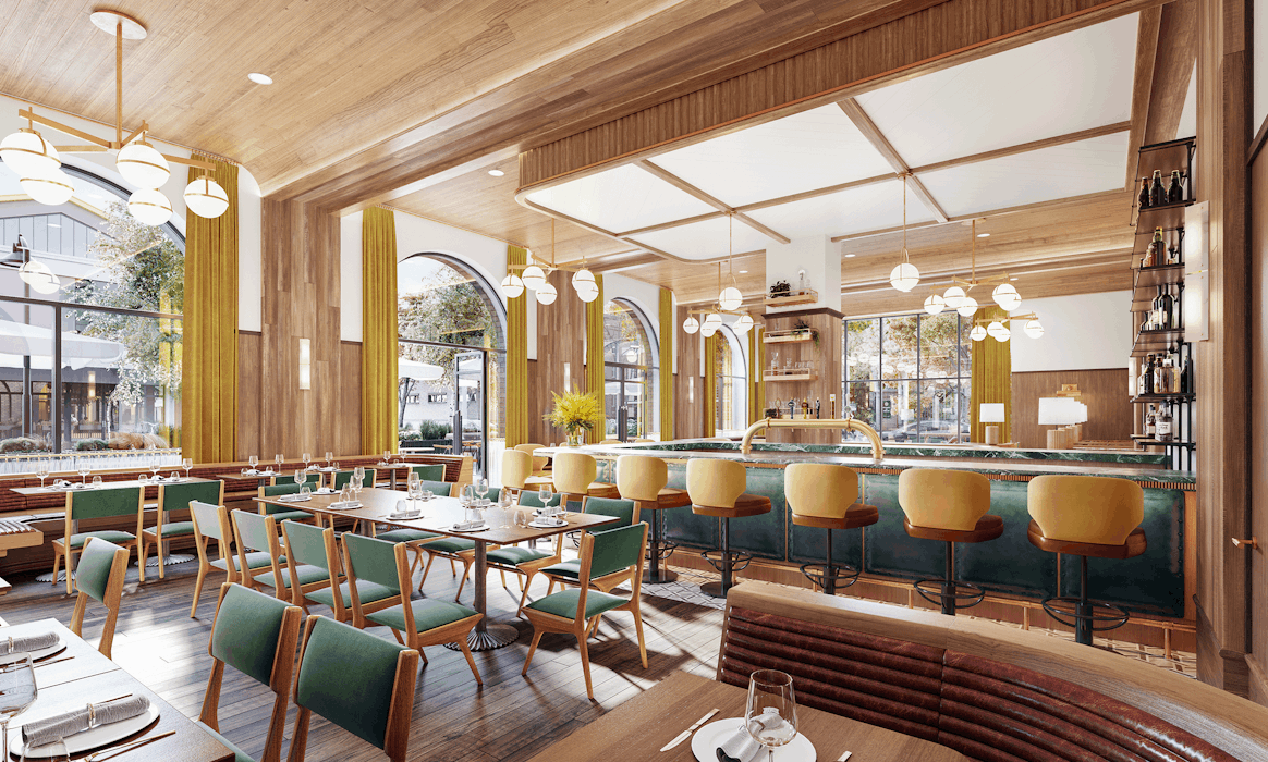 Rendering of a very nice restaurant interior with modern furniture and beautiful lighting.