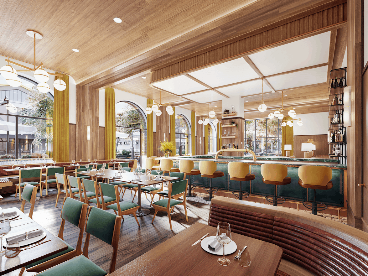 Eugene interior cafe and seating area including tables and barstool seating.