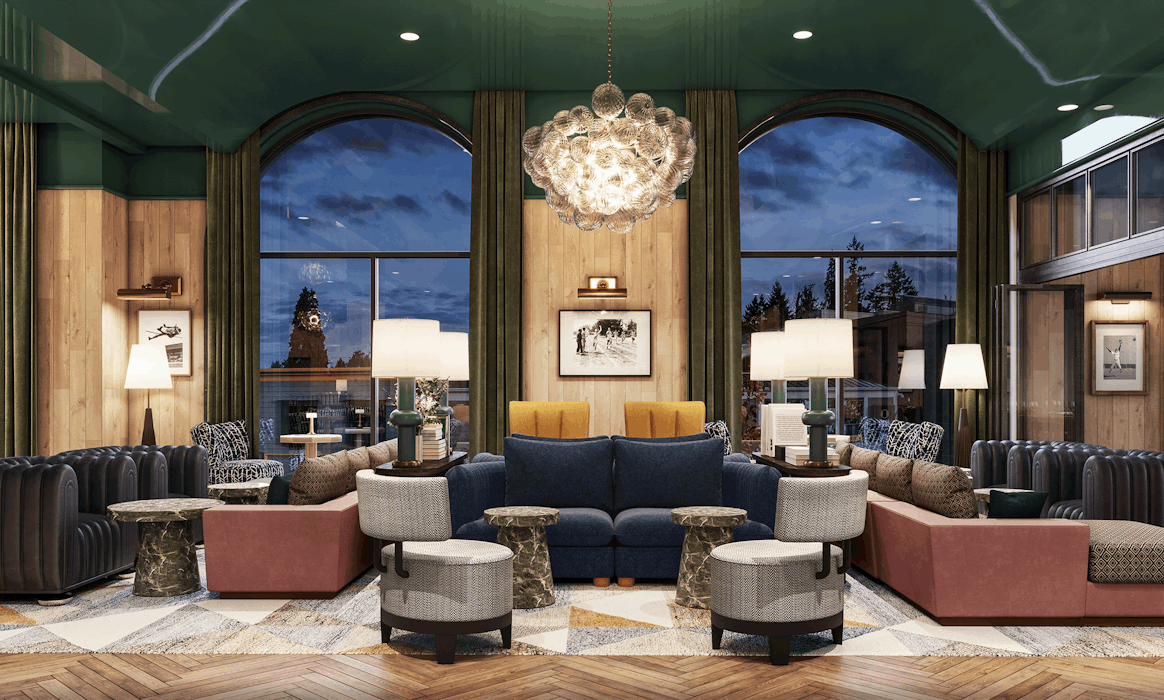 Rendering of an interior of the Alum Club lounge in Eugene. 