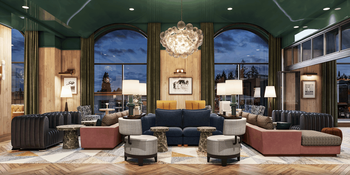Eugene indoor seating area with couches, chairs, and large floor-to-ceiling windows.