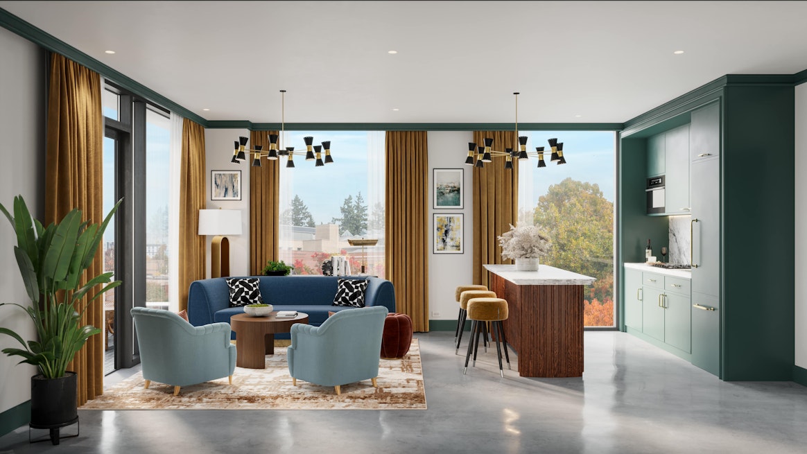 Interior rendering of a chic living room and kitchen. 