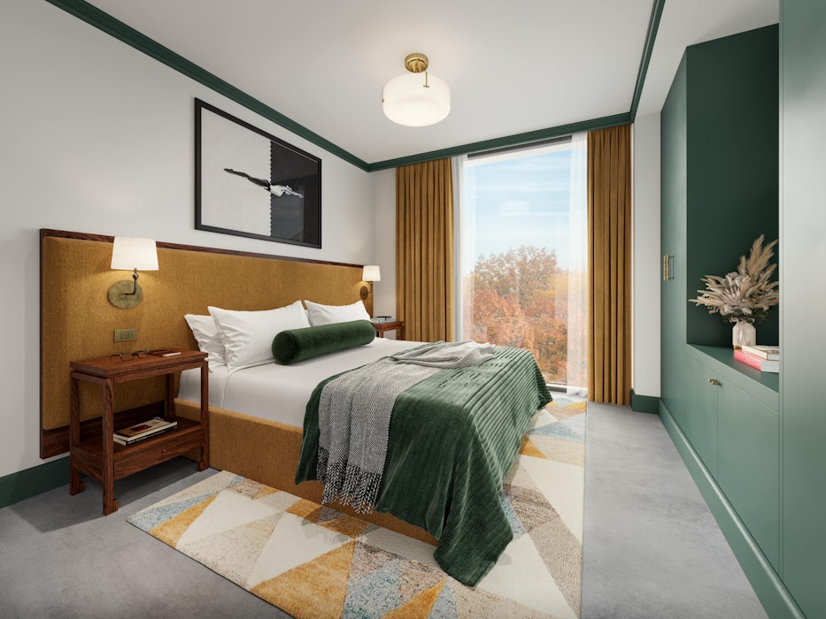 Interior rendering of a beautiful and luxurious bedroom.