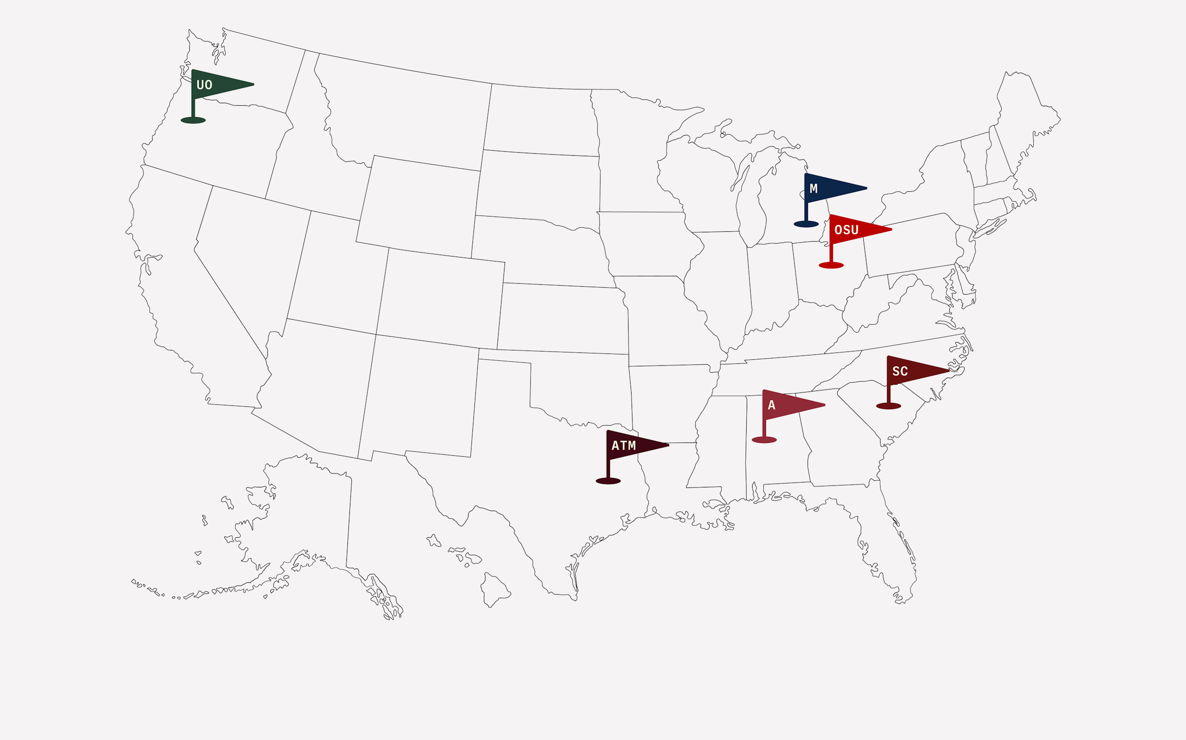 A map of the United States with pins on the 6 Alum locations across the country.