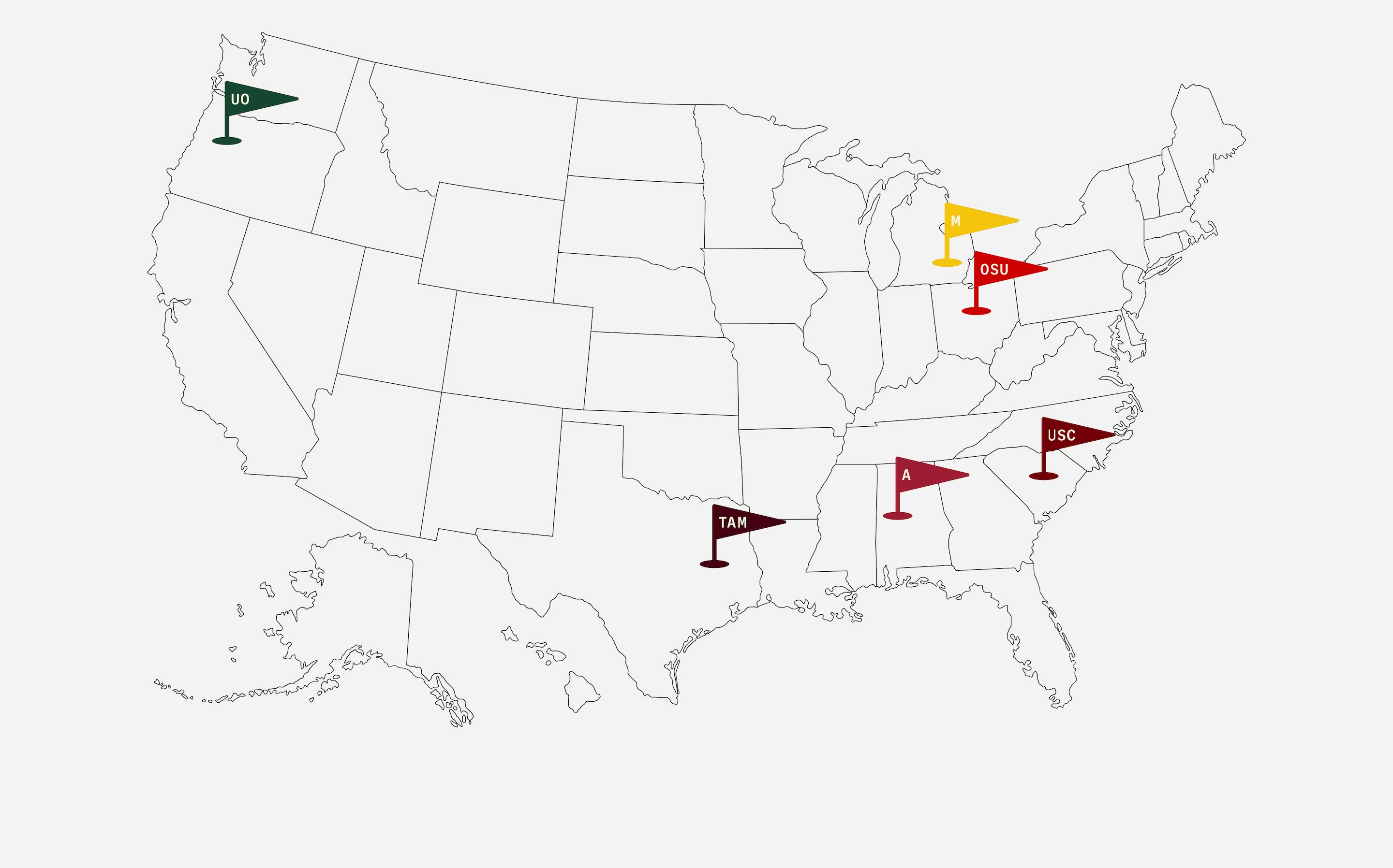 A map of the United States with pins on the 6 Alum locations across the country.