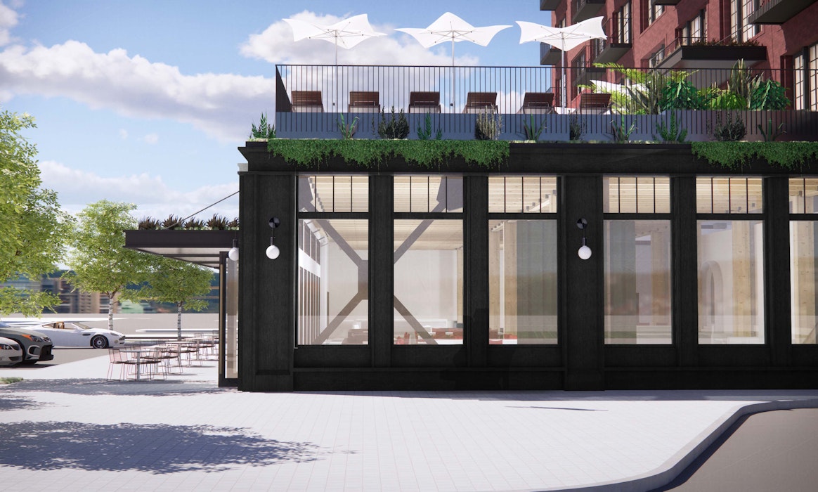 Rendering of an open cafe space, seen from outside with a patio above it
