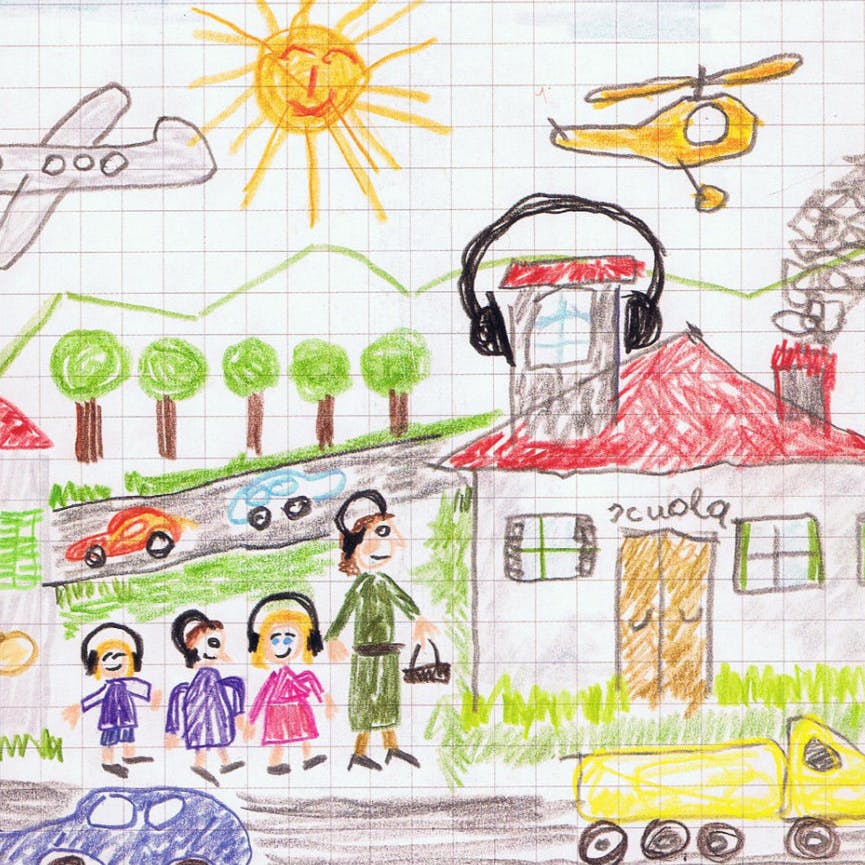 Disegno di bambino che rappresenta i rumori della città