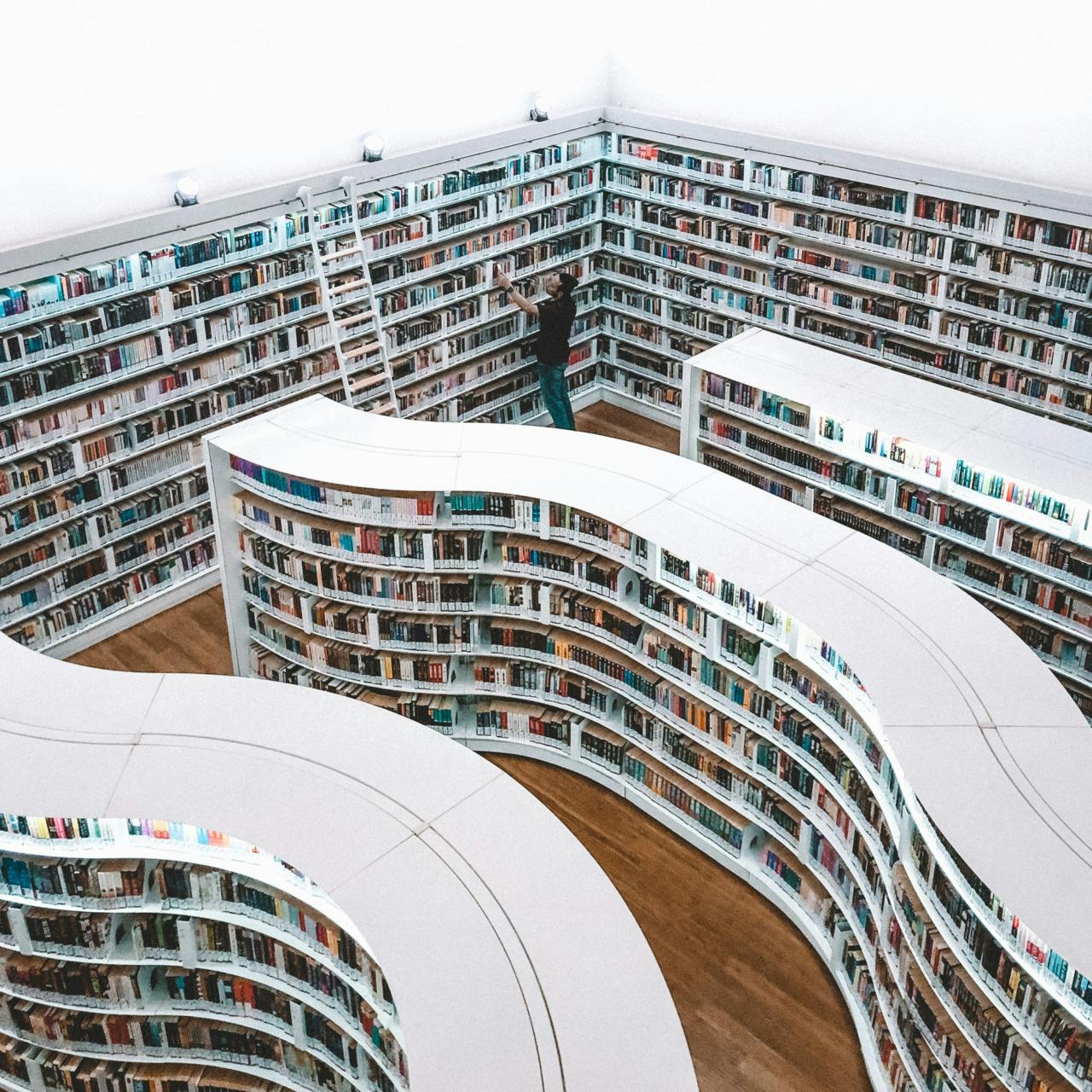 Biblioteca con scaffali bianchi